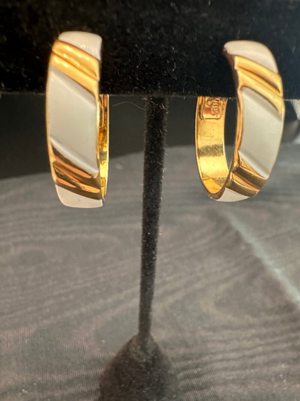 Vintage Monet White Enamel Gold Tone Hoop Clip On Earrings